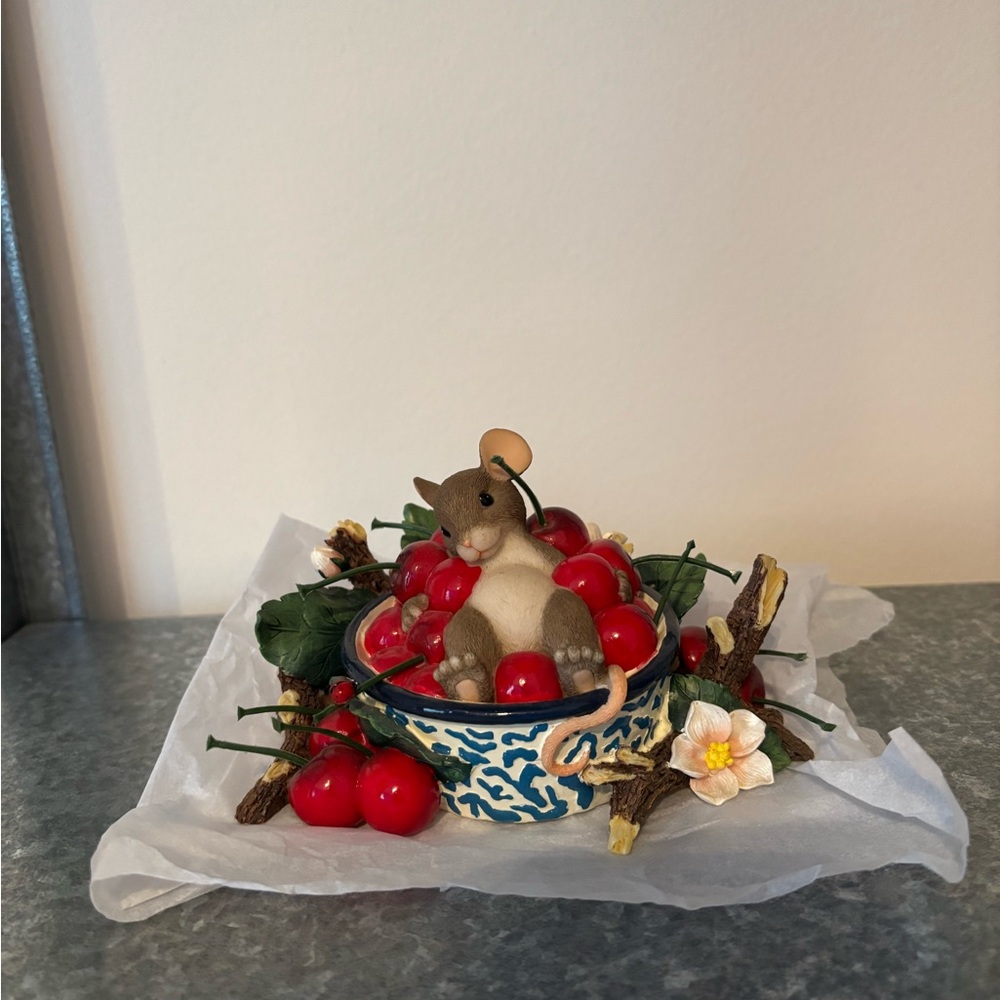 Charming Mouse in Blue Bowl with Red Cherries